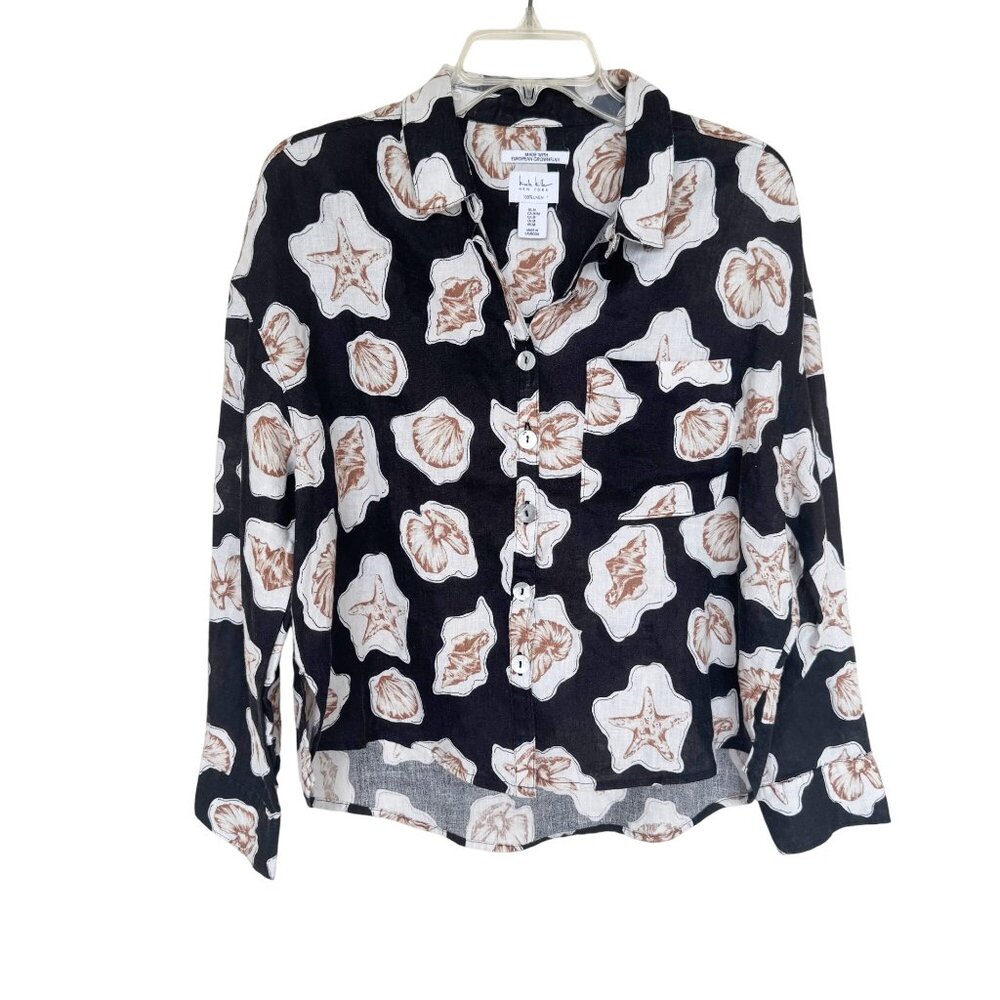 Nicole Miller Womens 100% Linen Shirt Black & White Shell Print Button-Up M